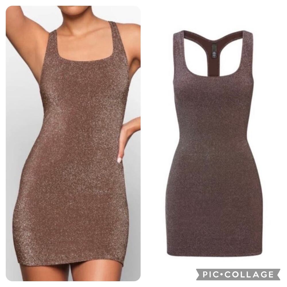 SKIMS Size 4X Glitter Swim Cover up Beach Pool Metallic Dress Jasper Brown New